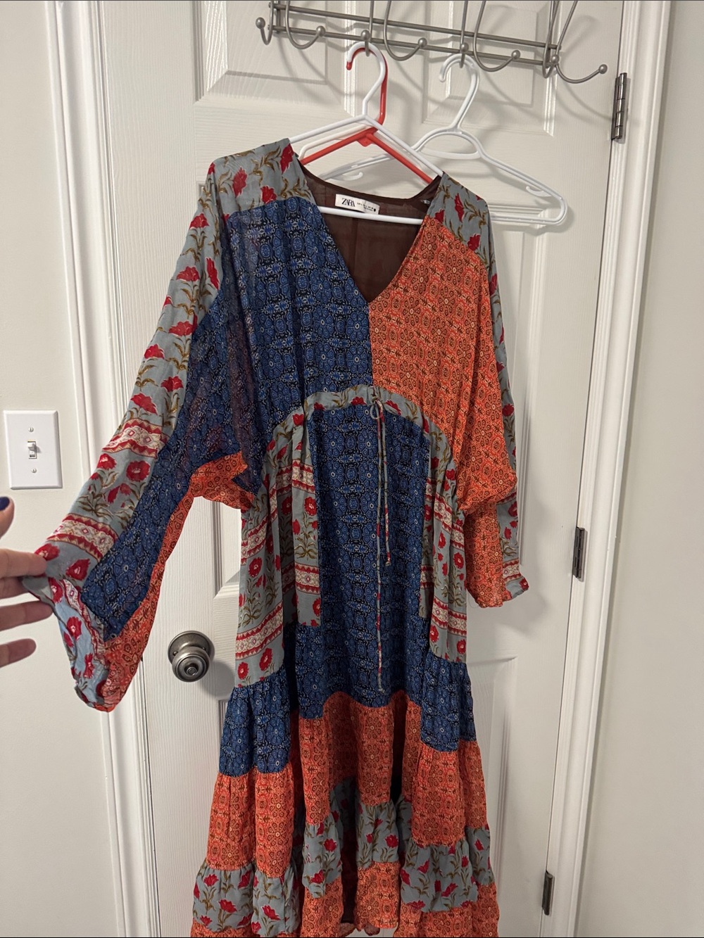 Zara Blue and Orange Patchwork V‑Neck Tiered Maxi Dress
